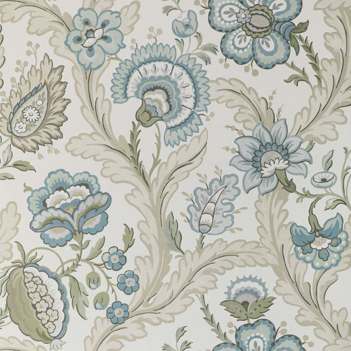 Symmetrical floral pattern in blue, teal, and beige colors.
