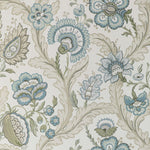 Symmetrical floral pattern in blue, teal, and beige colors.