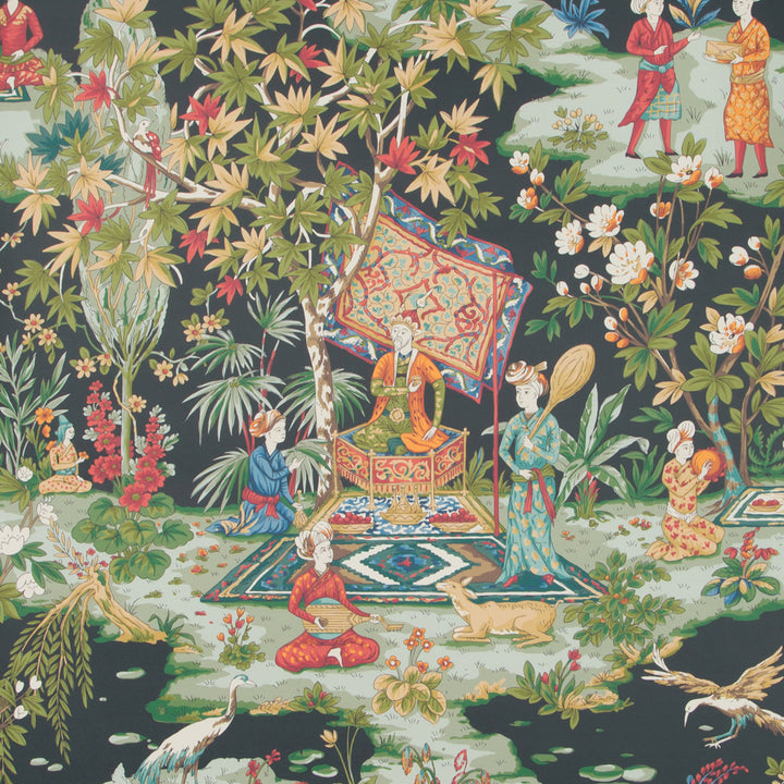 Exotic Asian textile design with lush garden and traditional figures.