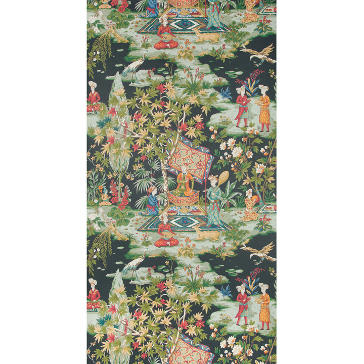 Intricate oriental chinoiserie pattern with exotic foliage, figures, and animals.
