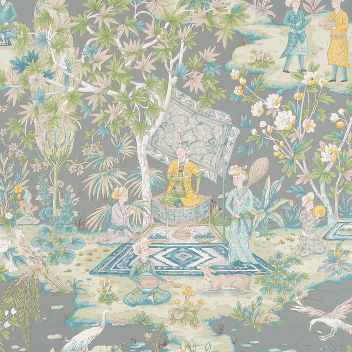 Chinoiserie design featuring figures, flora, fauna, and architectural elements. Serene.