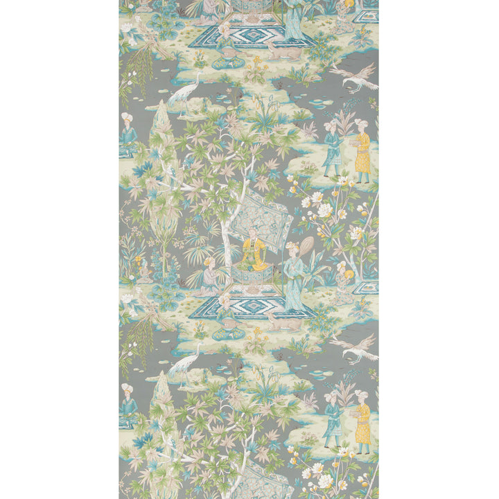 Chinoiserie-inspired fabric or wallpaper pattern with Asian motifs and colors.