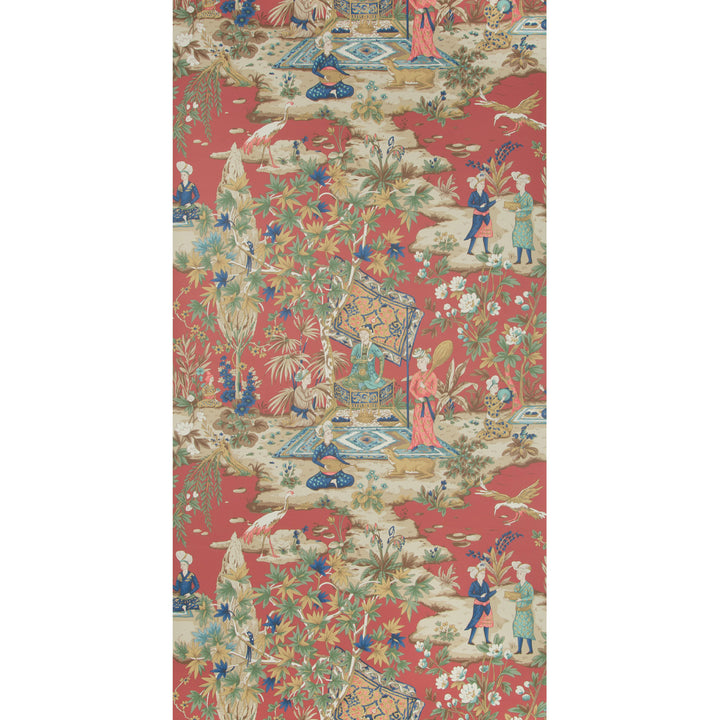 Traditional Asian design featuring intricate figures, animals, and lush landscape.