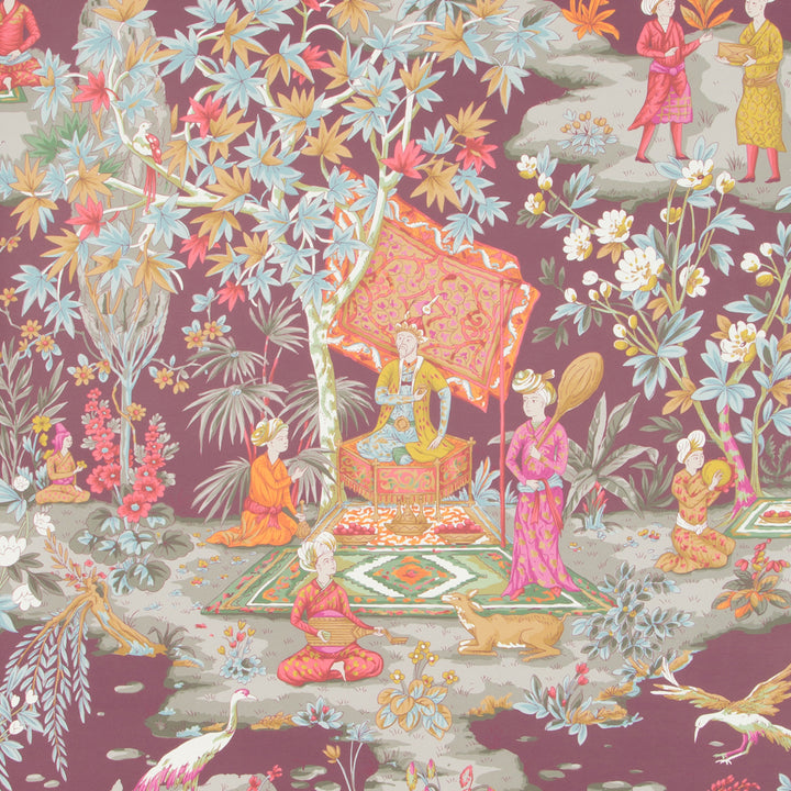 Traditional Asian-themed textile design with intricate floral and figure motifs.