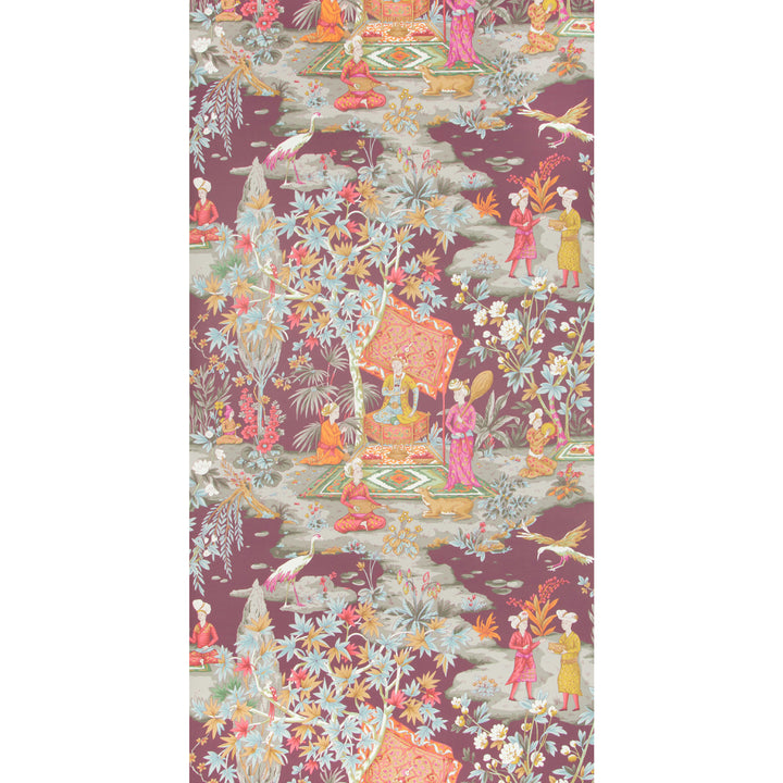Eastern-inspired textile pattern with intricate figures, flora, and fauna.