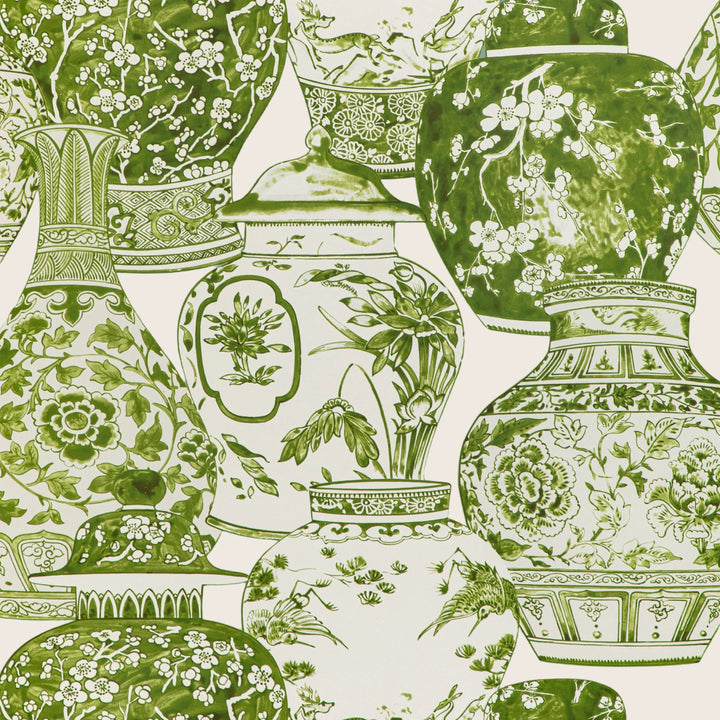 Pattern of white ceramic vases on teal background with green details.