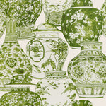 Pattern of white ceramic vases on teal background with green details.