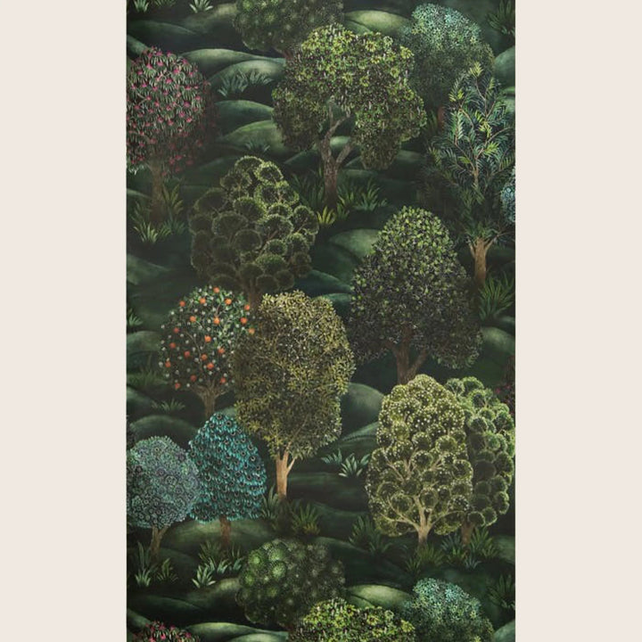 Detailed and stylized forest scene with vibrant, fantastical foliage patterns.