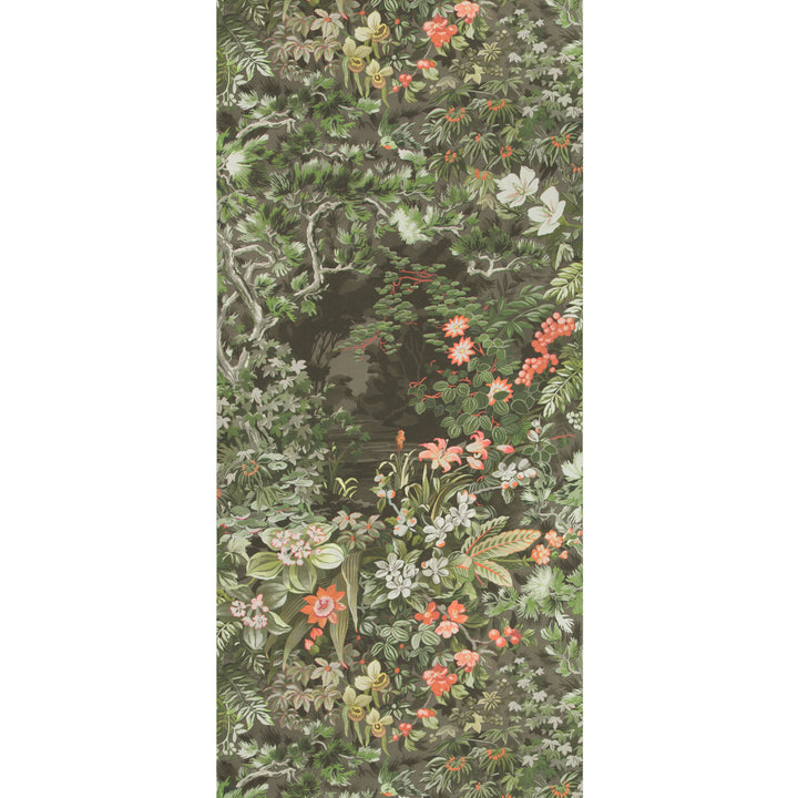 Vibrant floral wallpaper pattern with intricate botanical elements on dark background.