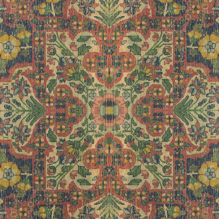 Vibrant floral textile pattern with intricate symmetrical design and colors.