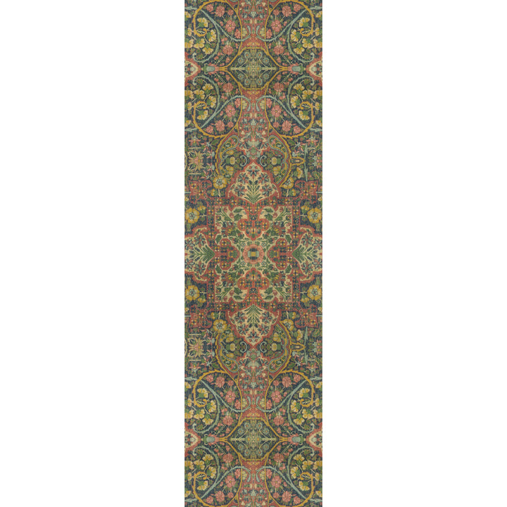 Intricately designed traditional rug with symmetrical floral motifs in colors