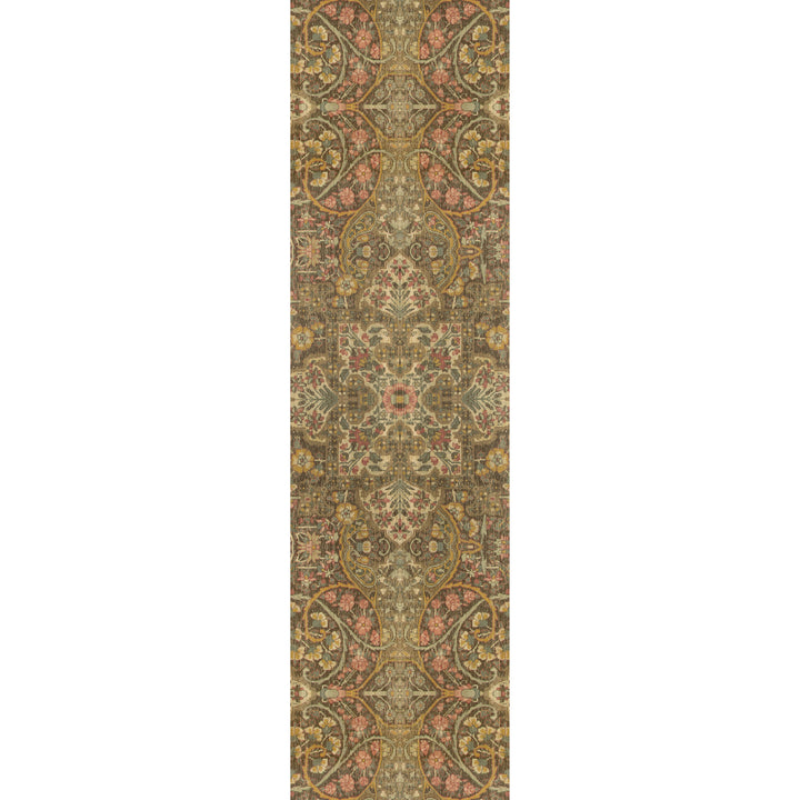 Intricate vintage carpet with floral and geometric designs in rich colors.