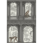 Whimsical illustration of monkeys in European-style architectural setting.
