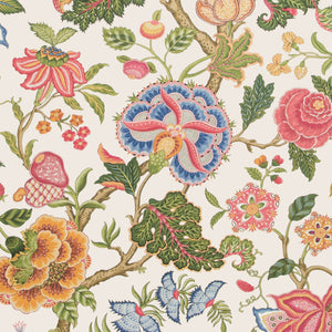 Colorful floral pattern featuring flowers, leaves, and fruits in detail.