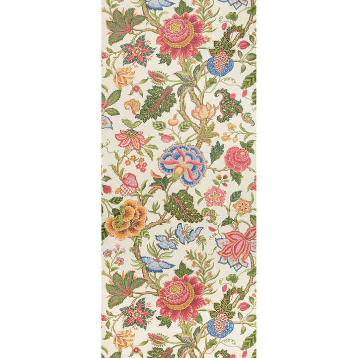 Colorful floral pattern with roses and vines on beige background.