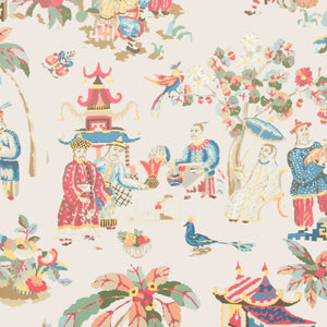 Chinoiserie-inspired pattern with Asian figures, nature elements, and pastel colors.
