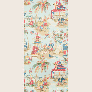 Chinoiserie-inspired pattern with Asian figures, nature elements, and pastel colors. - hover