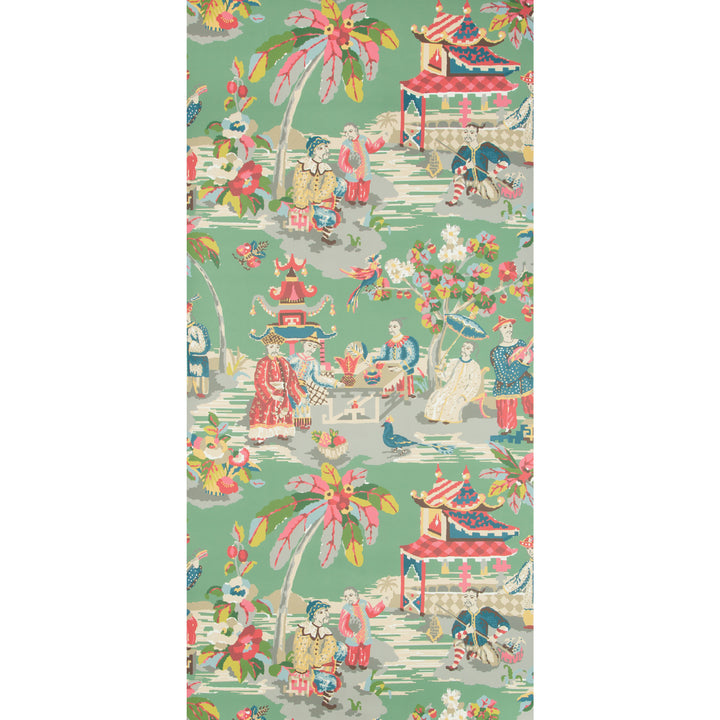 Chinoiserie wallpaper design featuring exotic plants, pagodas, and figures.