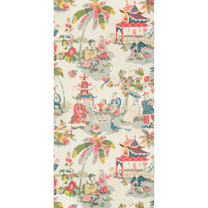 Chinoiserie pattern with Asian figures, flora, and architectural elements.
