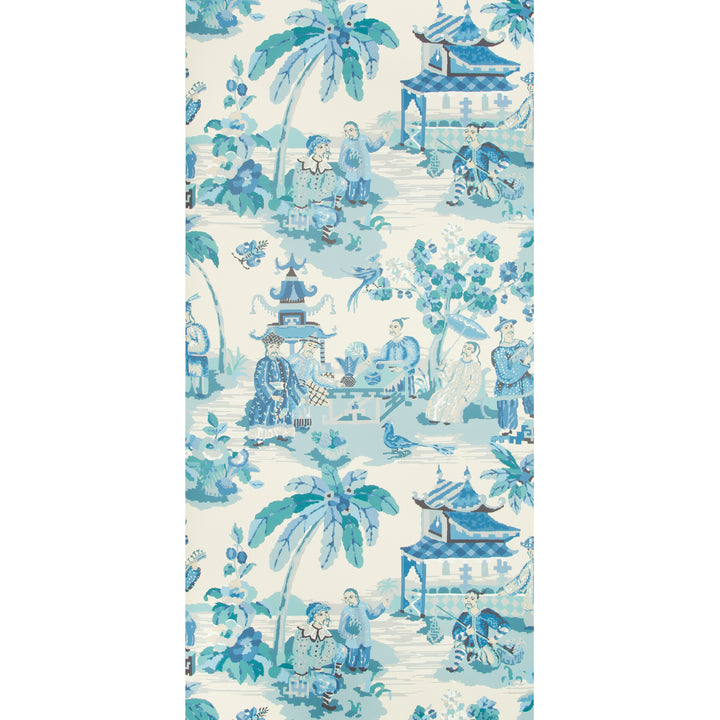 Traditional East Asian-inspired pattern with figures, architecture, nature motifs.