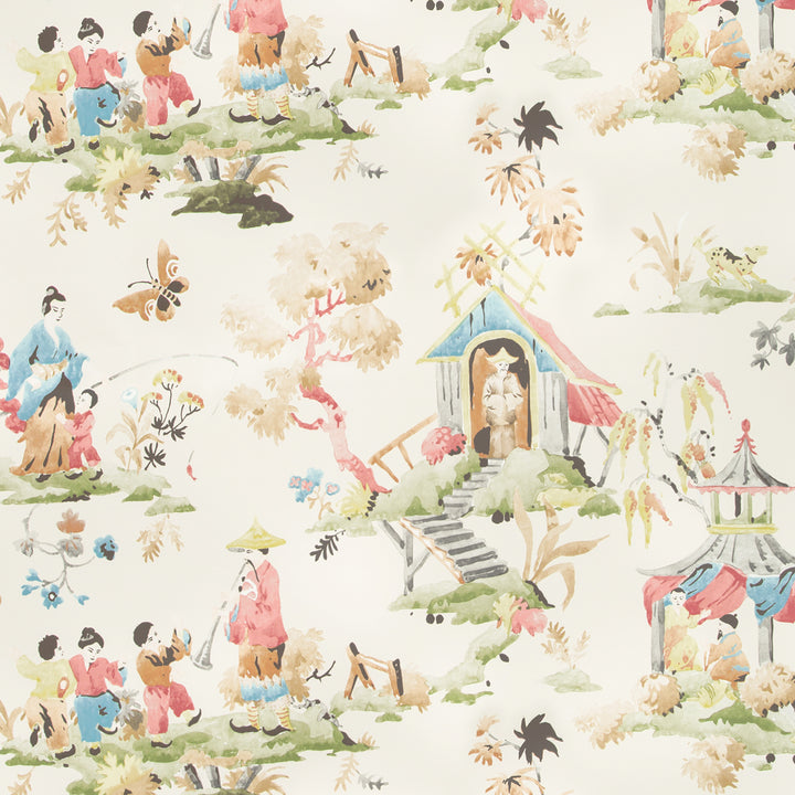 Vintage Asian-themed illustration with human figures, animals, and nature elements.