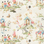 Vintage Asian-themed illustration with human figures, animals, and nature elements.