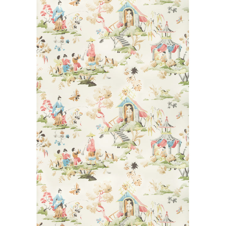 Pastoral Asian-inspired wallpaper/fabric print with soft pastel colors