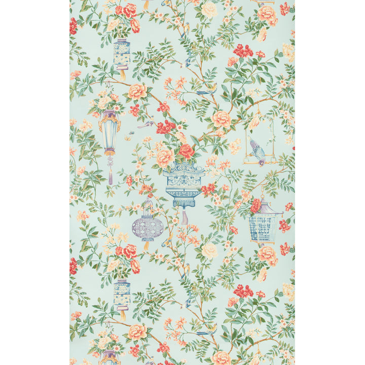 Elegant floral and birdcage wallpaper with vintage romantic feel.