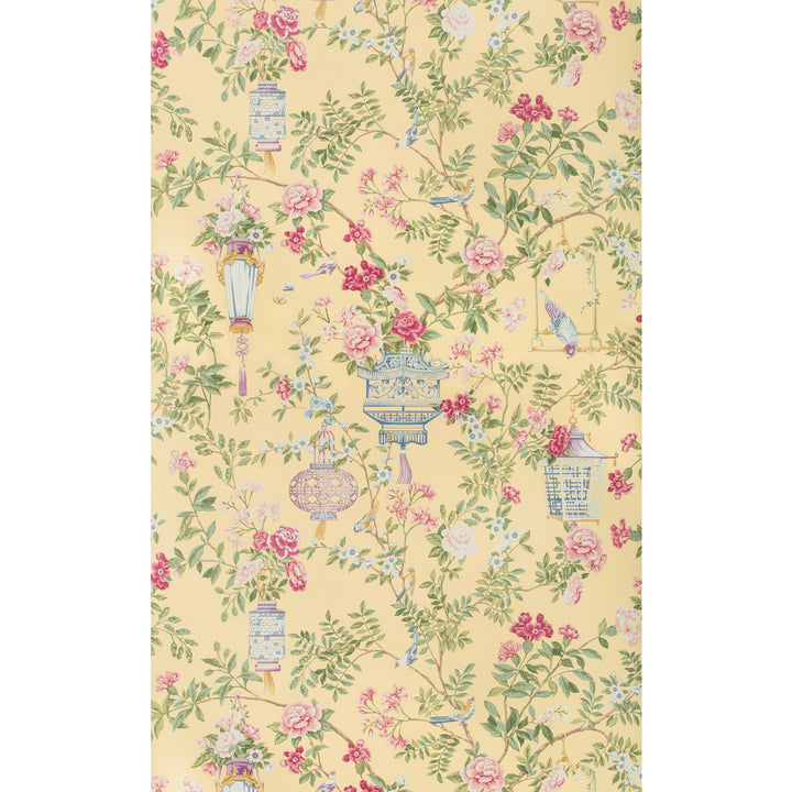 Vintage chinoiserie floral pattern with birdcages on yellow background.