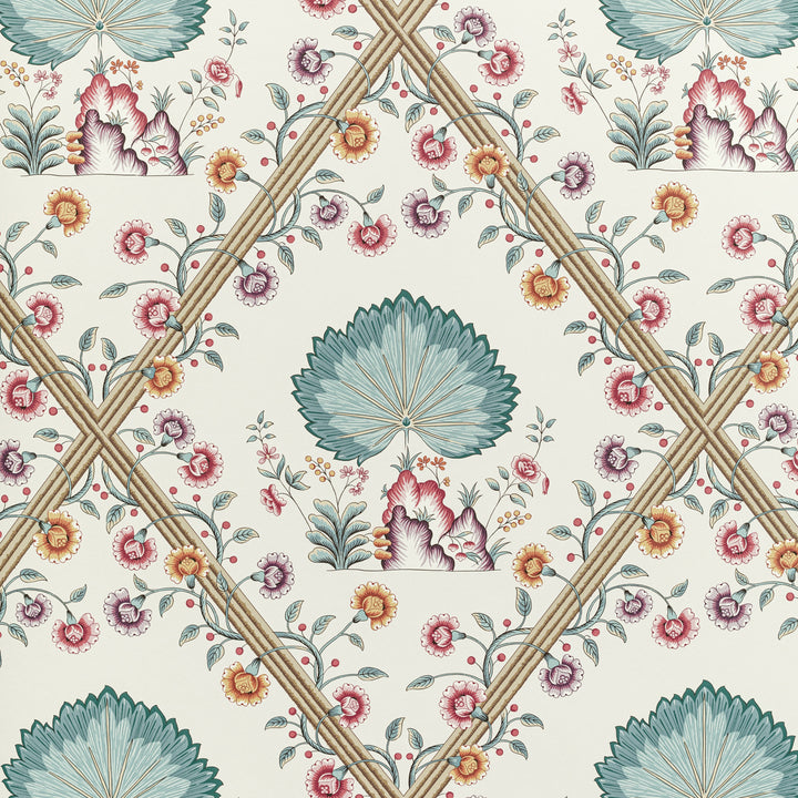 Vintage floral wallpaper with lattice pattern in shades of blue.