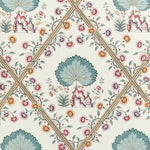 Vintage floral wallpaper with lattice pattern in shades of blue.