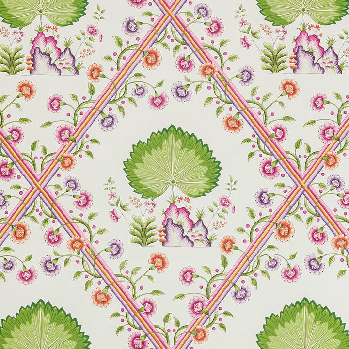 Seamless floral pattern with geometric ribbon motif in vibrant colors.
