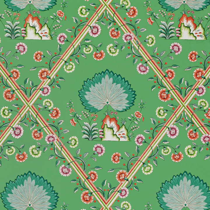 Symmetrical floral pattern with vibrant green background, ideal for interior decor