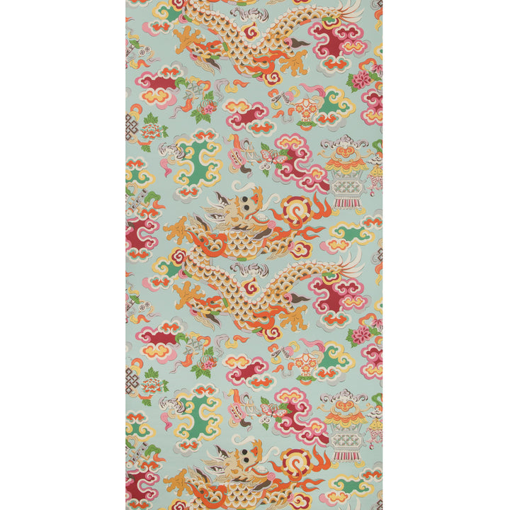 Vibrant Asian dragon motif design on light blue background pattern.