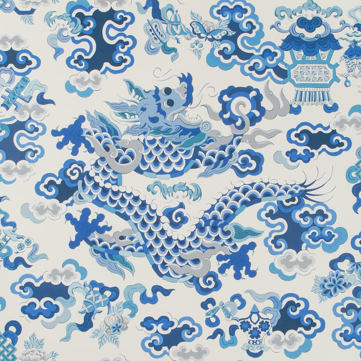 Traditional Chinese porcelain-inspired artwork with elaborate dragon motif in blue.