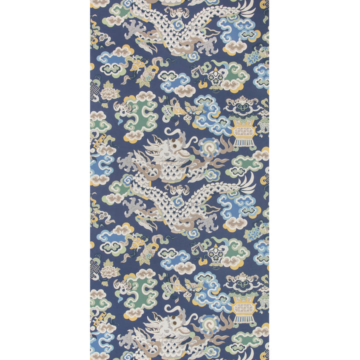 Asian-style dragon pattern fabric on dark blue background with clouds.