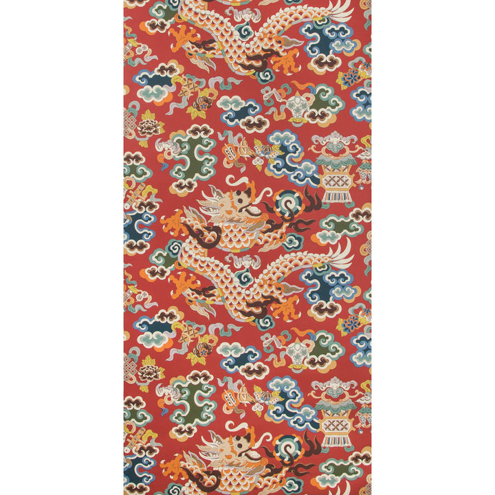 Traditional Chinese dragon-inspired pattern on red fabric or wallpaper design.