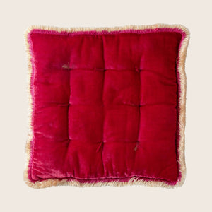 Square tufted pillow with quilted appearance and decorative fringe trim. - hover