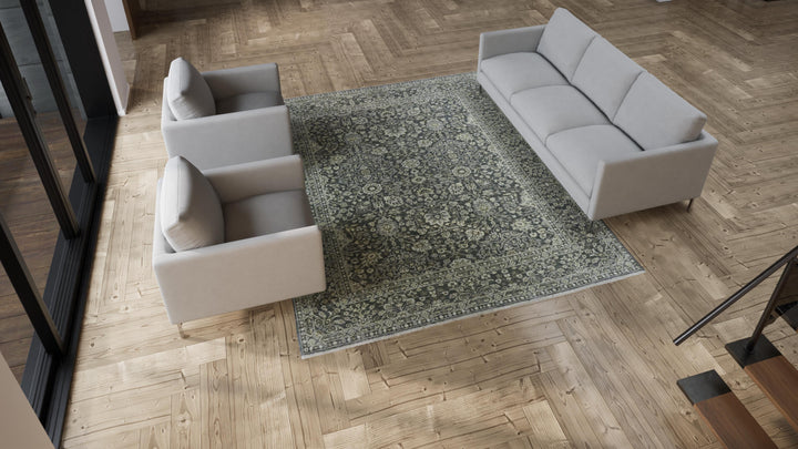 Blue and Grey Floral Traditional Wool Rug - 8' x 10'