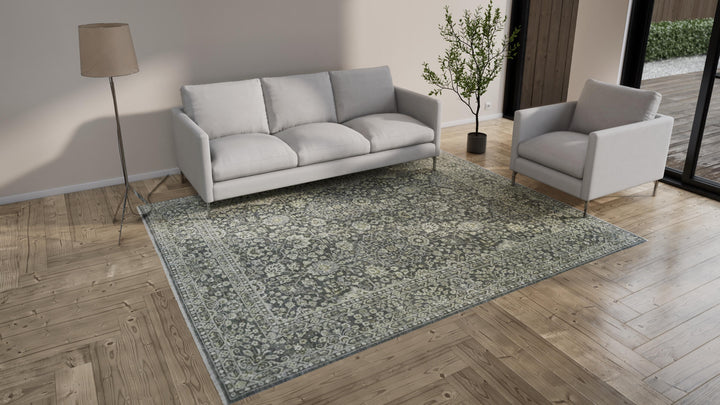 Blue and Grey Floral Traditional Wool Rug - 8' x 10'