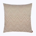 Neutral chevron patterned pillow with tag on white background.