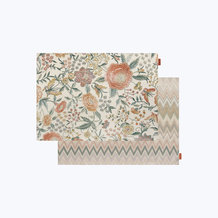 Two fabric pieces with floral and chevron patterns, vintage style.