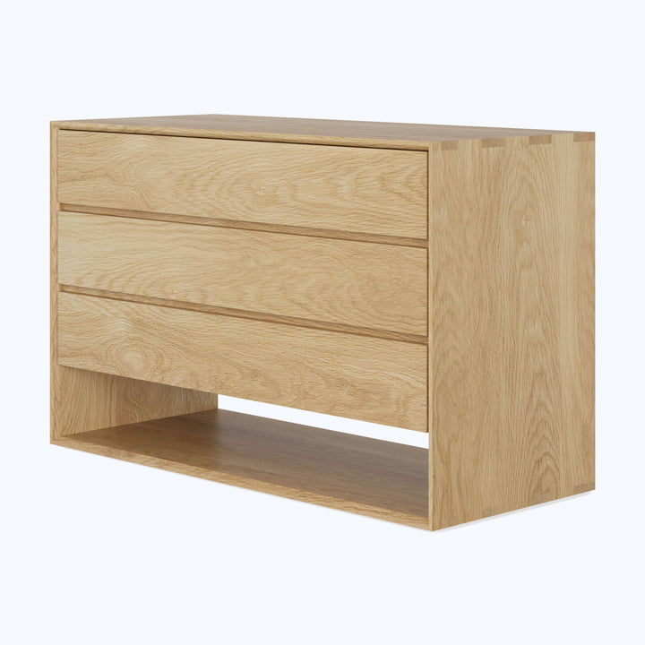Modern wooden nightstand with three drawers and open shelf storage.