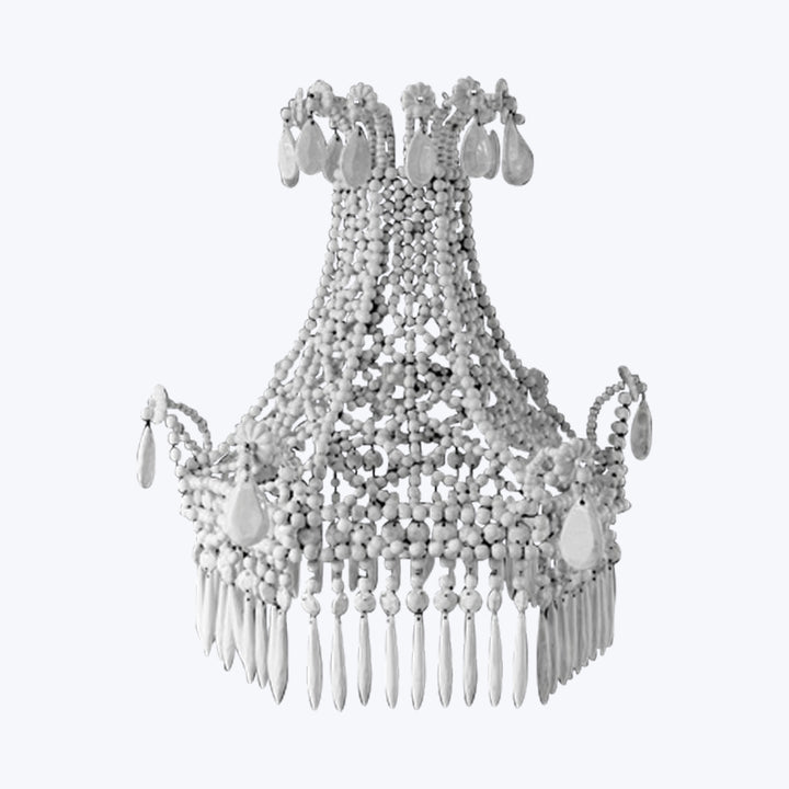 Elegant chandelier with tiered beadwork and teardrop crystal accents.