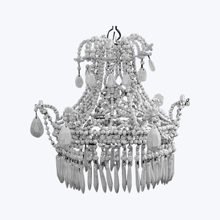 Luxurious black and white chandelier with cascading beads and pendants.