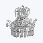 Luxurious black and white chandelier with cascading beads and pendants.