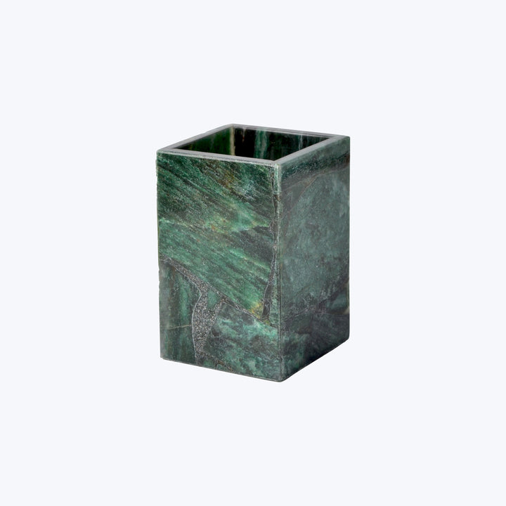 Square marble vase with rich green hues and natural veins.