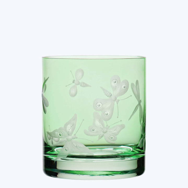 Intricate insect-themed etched green glass with frosted details, white background.
