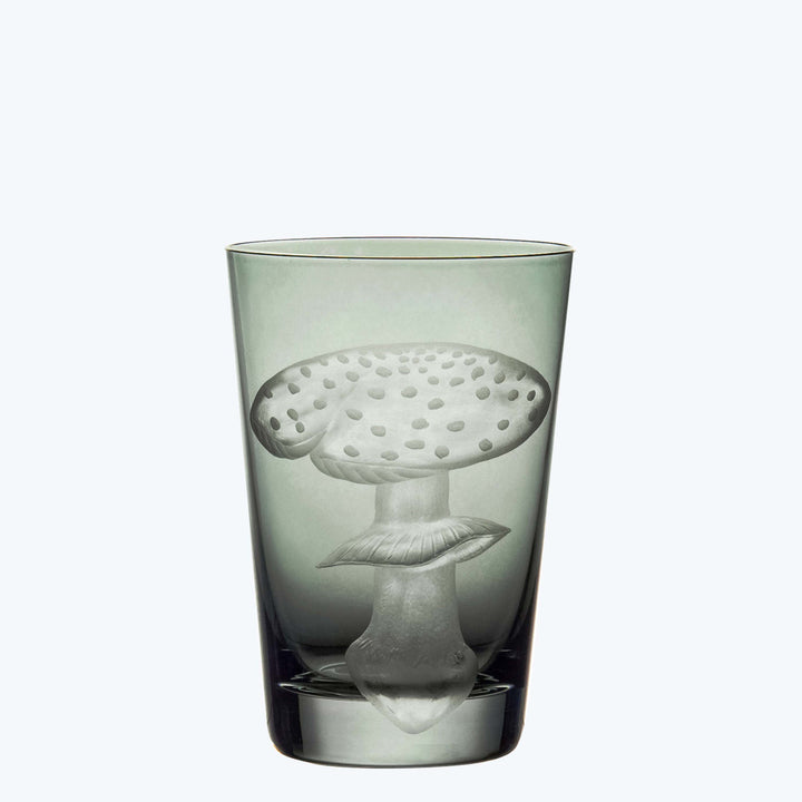 Glass with realistic mushroom design, green tint, tall, straight-sided.