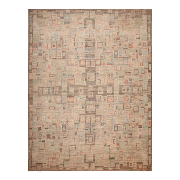 Modern geometric patterned area rug in muted earth tones.